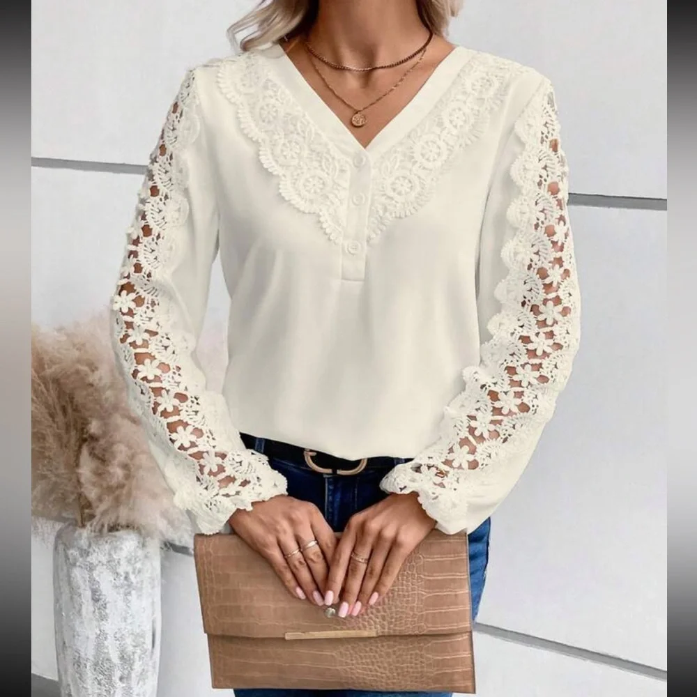 Luxe lace detail V neck blouse